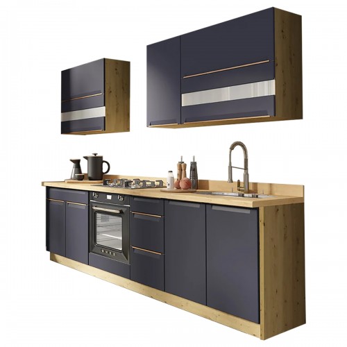 GLAM Ensemble meubles de cuisine L260 cm bleu mat et bois - plan de travail non inclus