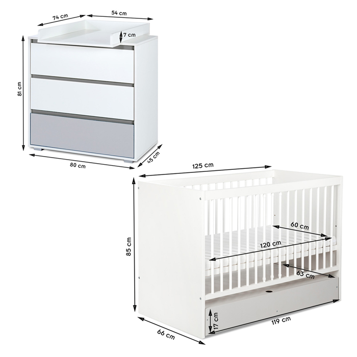 Ensemble Lit Bébé 120x60 + Commode à Langer 3 Tiroirs Karolina II - Blanc/Pin, évolutif, Sommier Réglable, Peinture à L'eau
